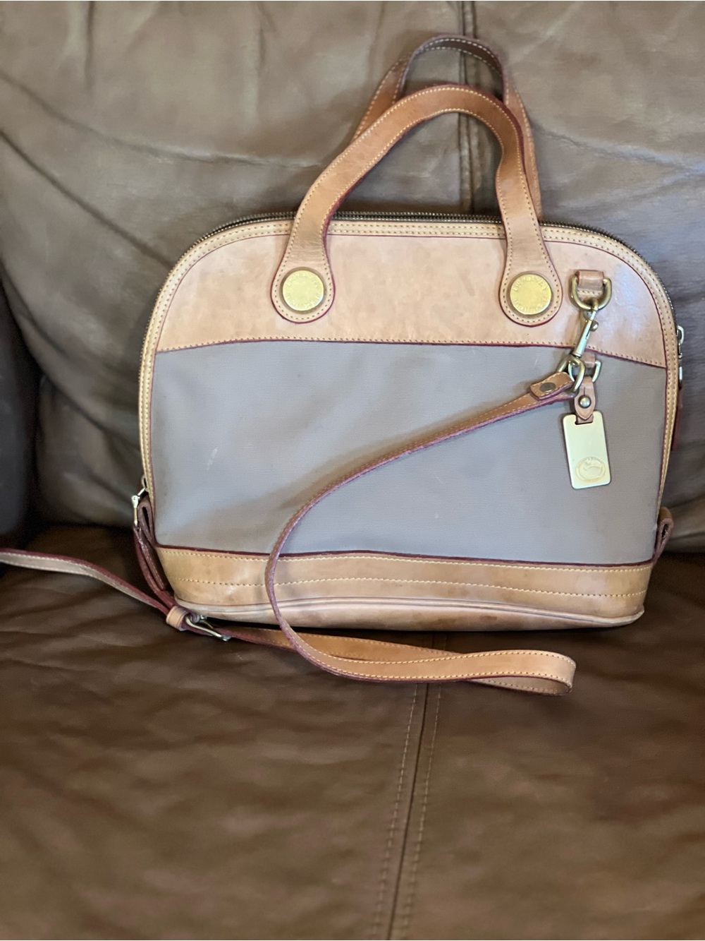 Two-Tone Taupe and Tan Leather-Trim Satchel